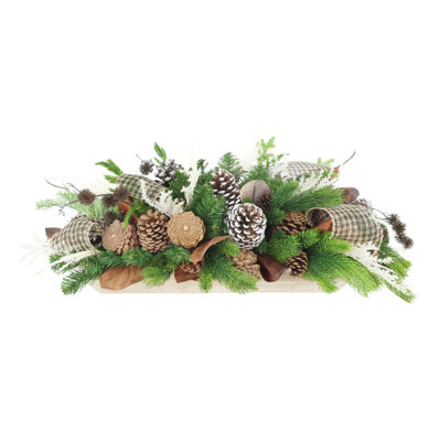 Holiday Centerpiece with Evergreens, Pinecones and Bows