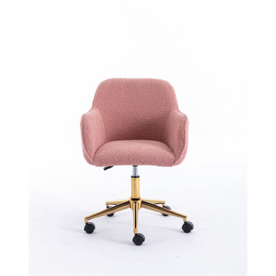 Adjustable Height 360 Revolving Chair For Home Office, Decorated With Pink Fabric, Gold Metal Legs And Universal Wheel Fabric Office Chair, Revolving, In Height, Wheels