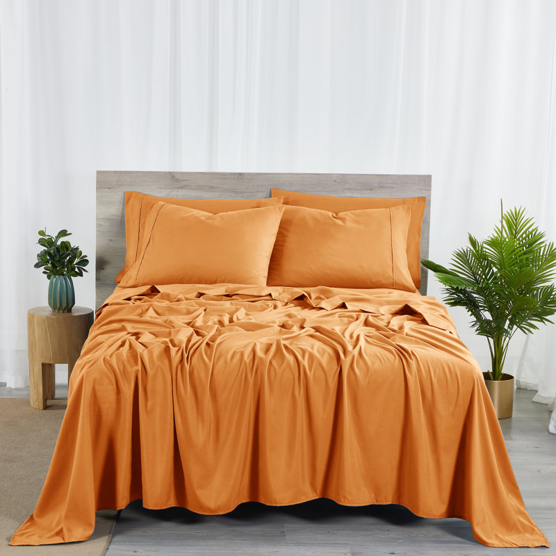 Ensemble de draps en rayonne de bambou 6 pièces Bibb Home, Ensemble de draps pour lit très grand californien, Citrouille