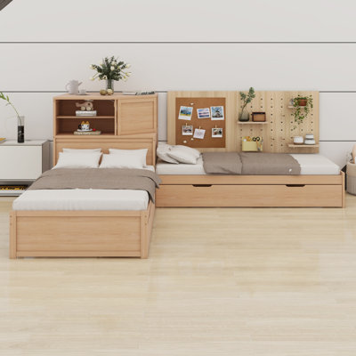 L-Shaped Combination Bed With Trundle And Drawer,3-In-1 Low Corner Platform Bed Linked With Desk