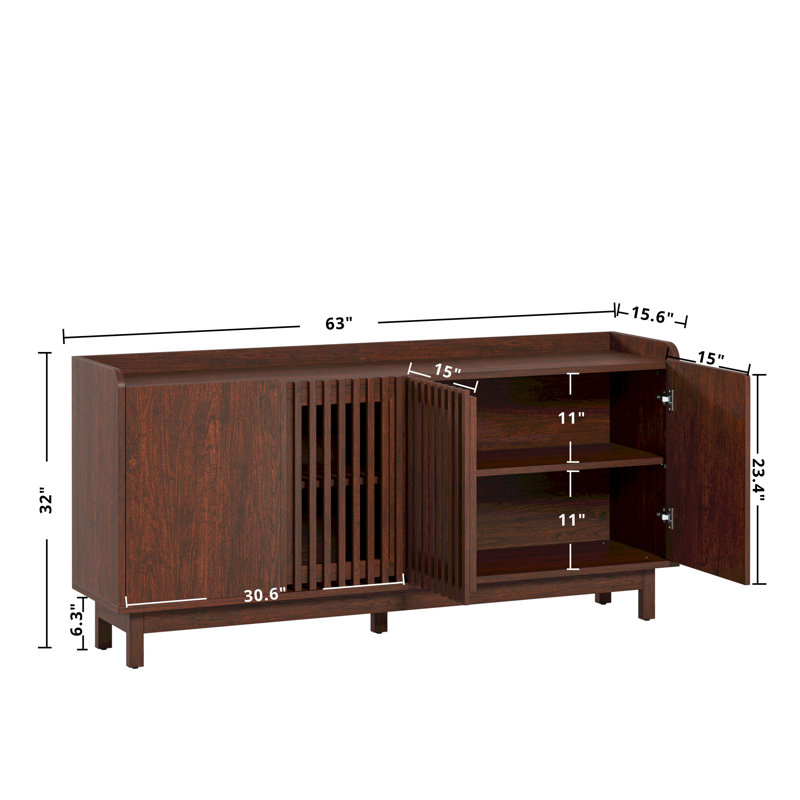 63 inch Storage Cabinet, Buffet Cabinet with Grille Doors and 2 Adjustable Shelves, Mid Century Sideboard for Kitchen, Dining Room, Entryway（Natural Red Walnut）