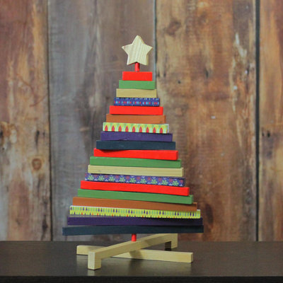 Décoration de table arbre de Noël réglable en bois 15,5 "beige et rouge