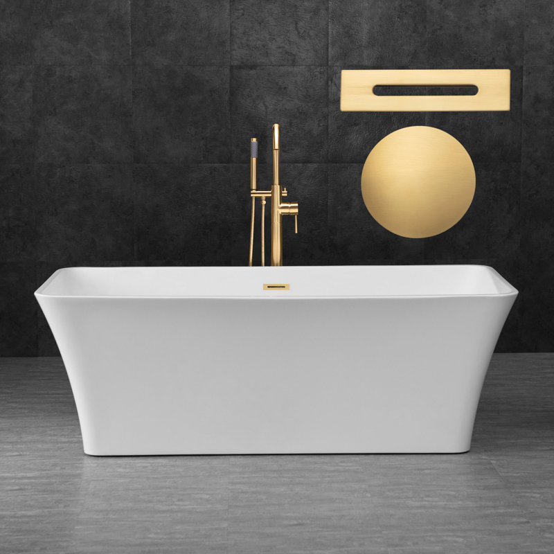 67'' x 31.5'' Rectangular Freestanding Soaking Acrylic Bathtub, White/Brushed Gold