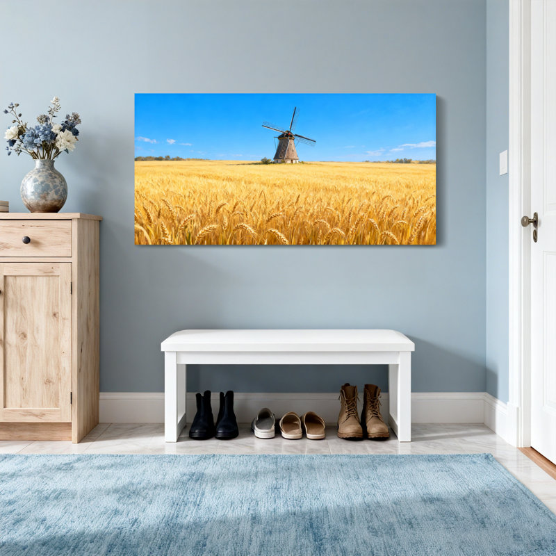 Scénario et paysages urbains, champ de blé doré, moulin à vent, paysage sur toile, H 16 po x l 32 po