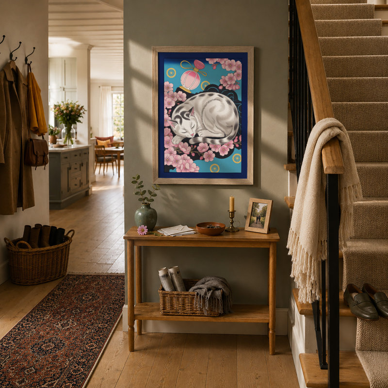 Sleeping Cat in Bloom Boho - Framed Print, A2 - 59.4 x 42.0 cm, Oak