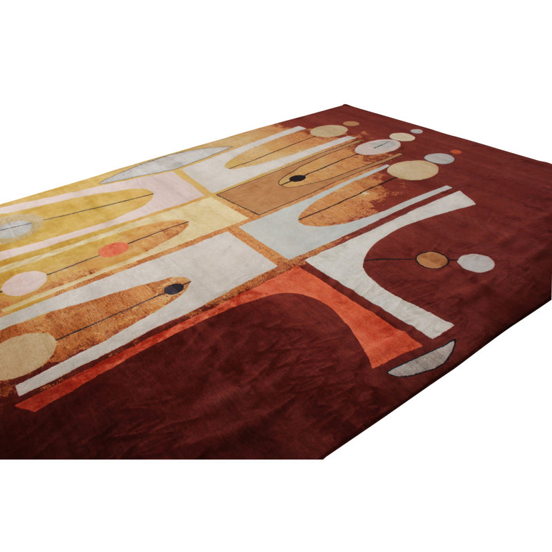 Mid Century Modern Hand Knotted Wool Geometric Area Rug, Rectangle 10' x 14'