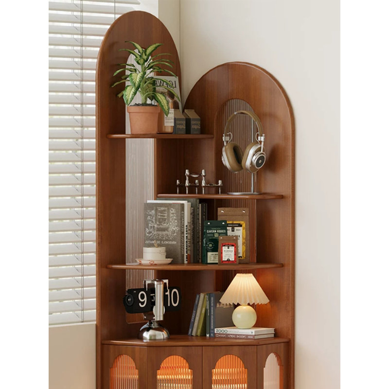 Vitrine de coin rétro en bois de style Mid-Century avec plateau arqué