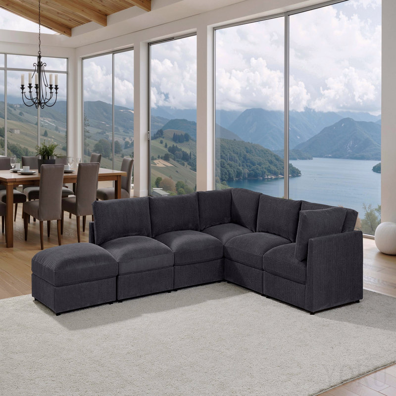 Canapé modulaire réversible en velours côtelé, Velours côtelé gris foncé, 33" H x 126.5" W x 98" D