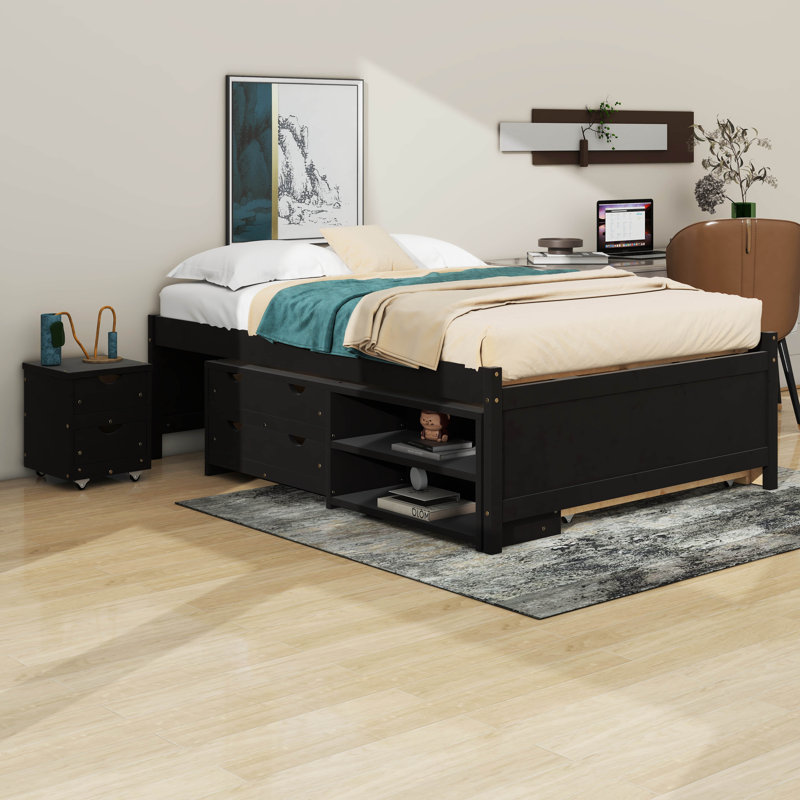  Structure de lit double Altona avec lit gigogne, 2 tiroirs, tablettes et table de chevet, Espresso