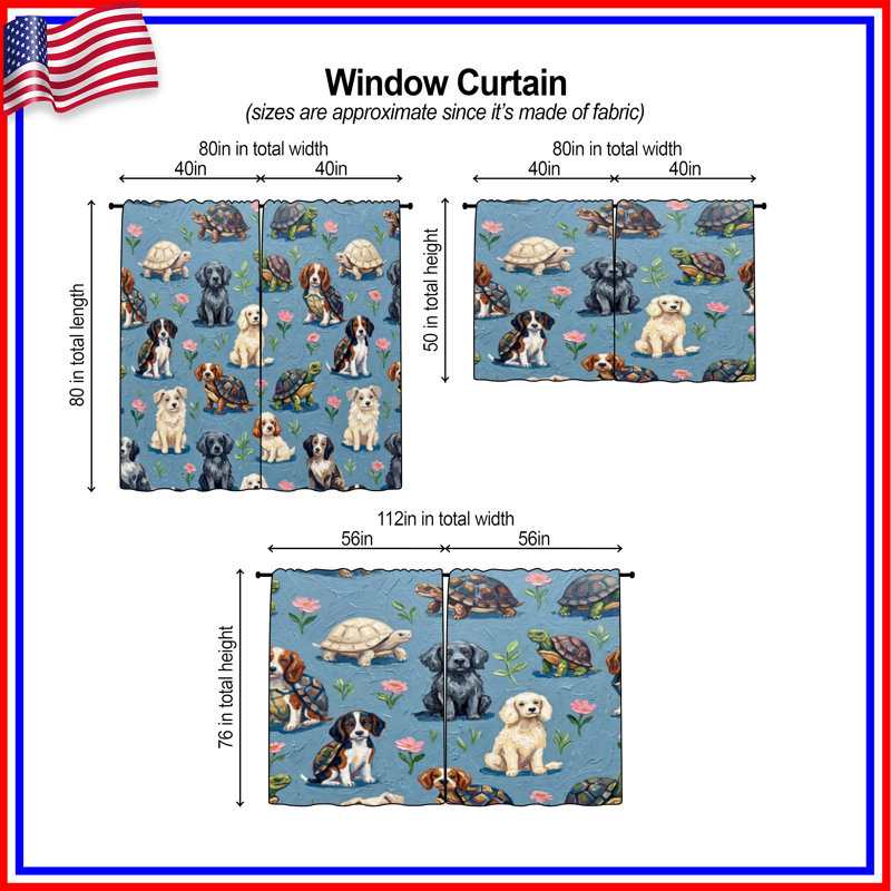 Rideaux de fenêtre Dogs Turtles Flowers, 40in x 61in - 2 panels, Sheer