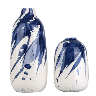 2-Piece Set of Chinese-Style Vases with Aquarelle Patterns - Handmade Glazed Decorative Vases for Living Room and Bedroom Decoration