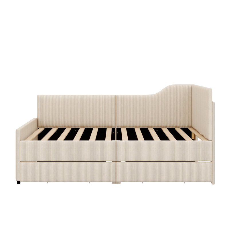 Twin Size L-Shaped Corduroy Daybed,Upholstered Bed Frame With 2 Storage Drawers, Beige