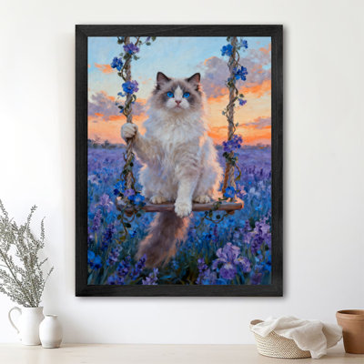 Black Framed Vintage Puppet Cat and Iris Field Wall Art Retro Style Framed Prints
