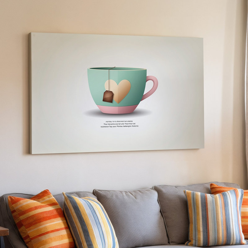 Toile, illustration fantaisiste d'une tasse à thé de couleur pastel avec art mural en forme de cœur sur le côté