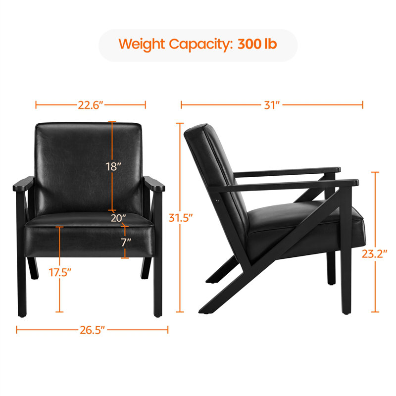 Baseemah Faux Leather Armchair Lounge Chair With Z-Shaped Wood Legs, Black Faux Leather