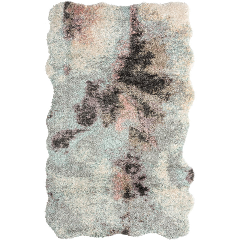 Tapis gris / pastel abstrait à poils longs, Nouveauté 4 pi 8 po x 6 pi 6 po