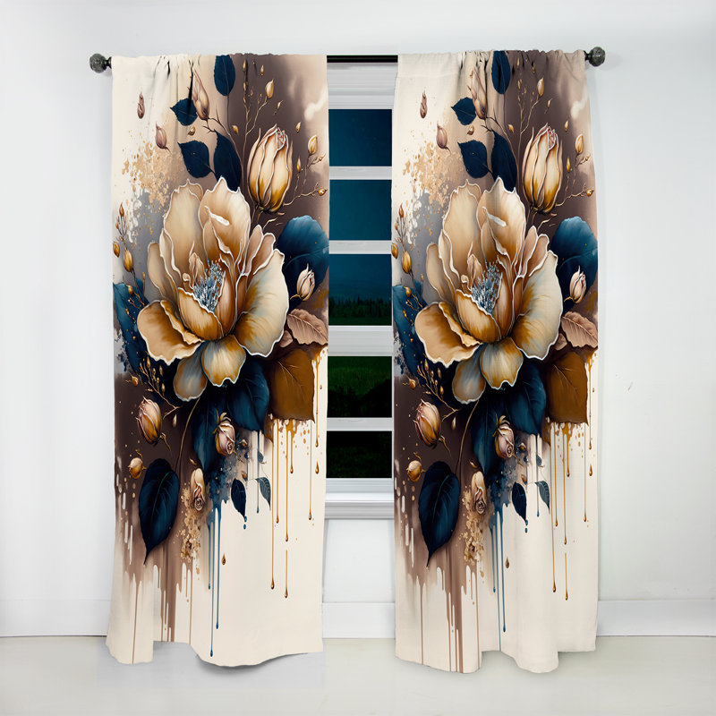 Rideau occultant floral brun et bleu rose - 1 panneau, L 52 po x L 120 po