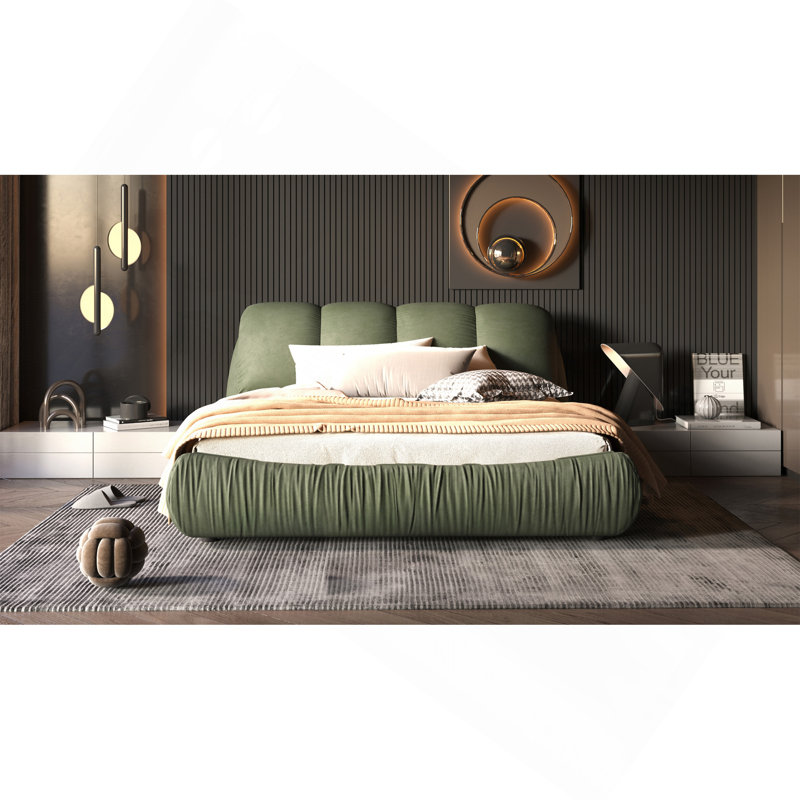 Grand lit plateforme tapissier grand format avec dossier rembourré surdimensionné et structure en bois, convient à plusieurs hauteurs de matelas, vert