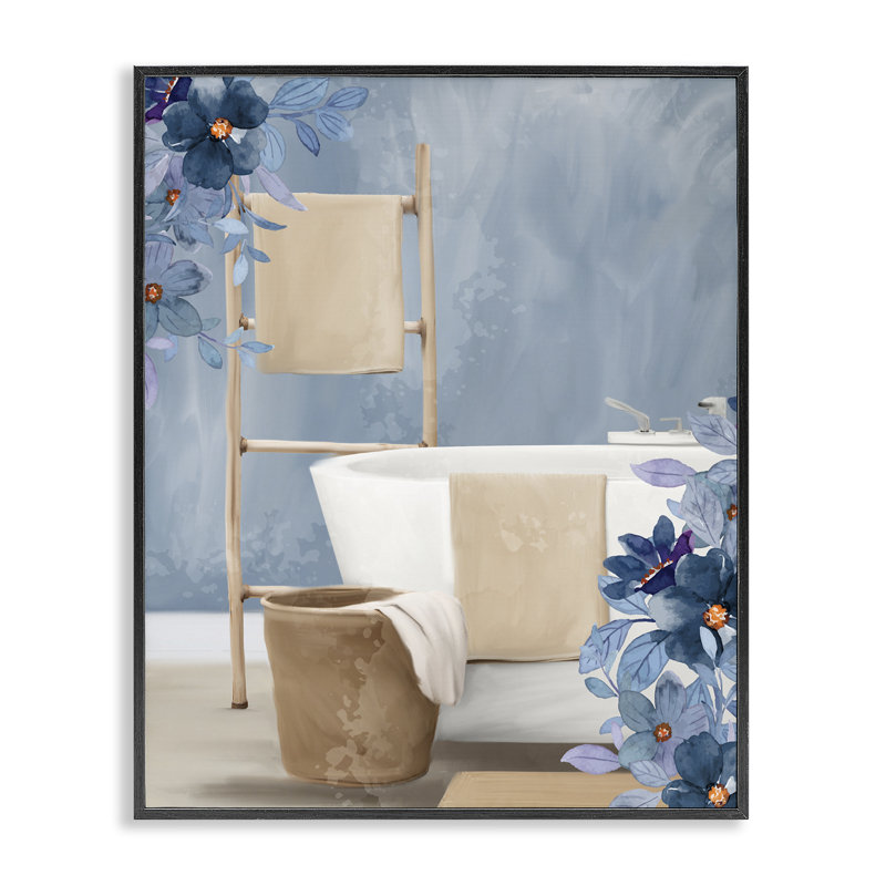 «Bathroom Blues», scène florale giclée, design par Kim Allen, Giclée encadrée noir minuit, H 30 po x l 24 po