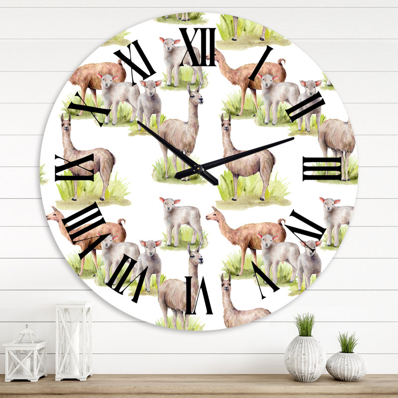Lamas et agneaux sur un pré vert - horloge murale de ferme, Grand