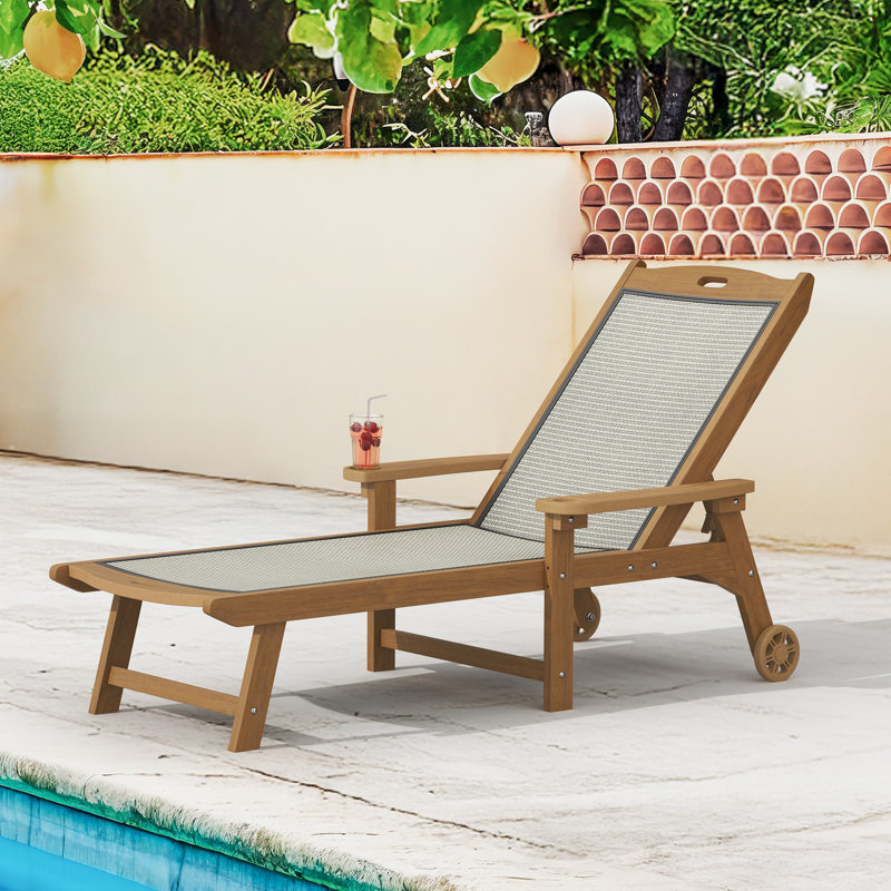 Plastic And Textilene Adjustable Patio Outdoor Chaise Lounge Chairs With Wheel Adjustable Textilene Recliner, Brown
