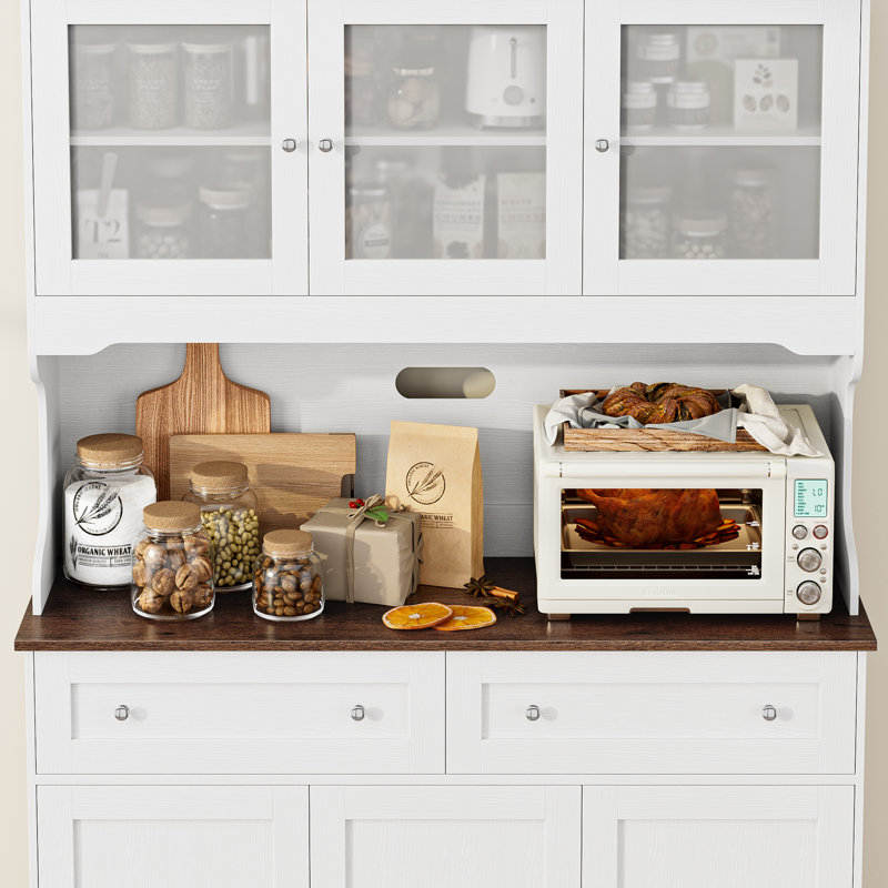 Armoire de cuisine 71,9 "avec station de charge et tablette à micro-ondes, garde-manger avec 4 placards et 2 tiroirs de rangement, armoire de salle à manger en grain de bois rustique