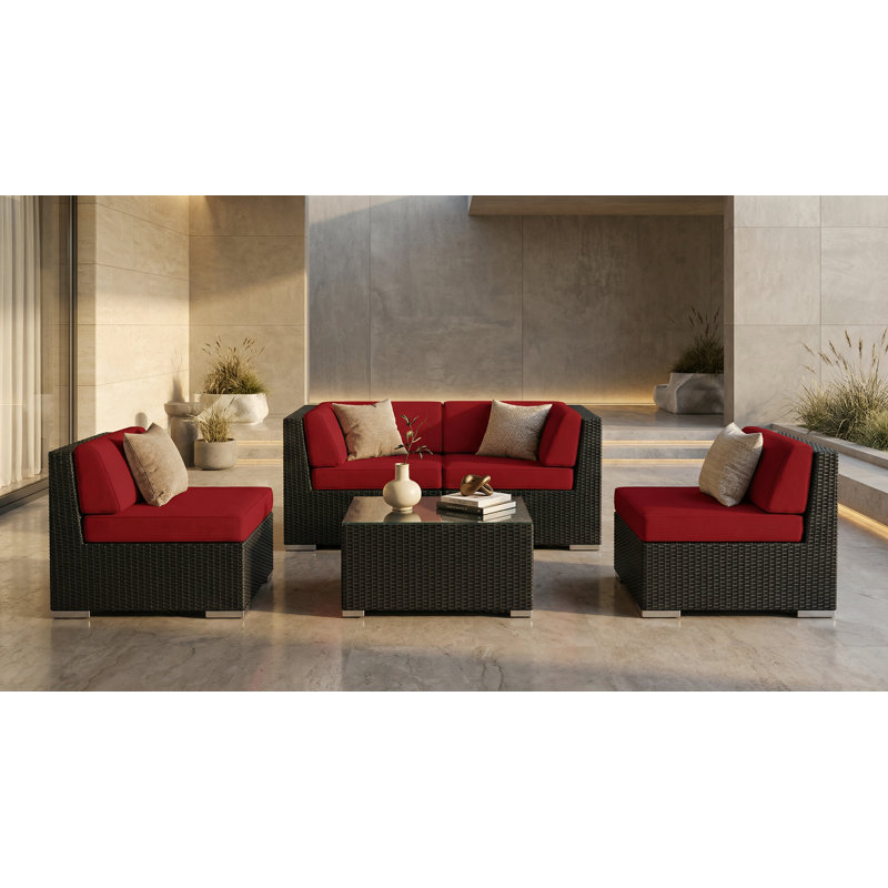Ensemble de conversation en osier pour 4 personnes avec coussins Billyjo Wicker, Supercrylic rouge, Noir
