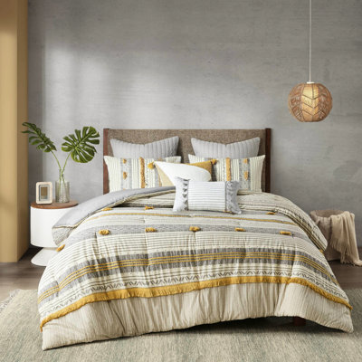 Édredon double / grand en coton gris / jaune, imprimé rayé et garniture, literie intrigante 3 pièces gris / jaune double / grand, imprimé 100%, rembourrage, cocooning