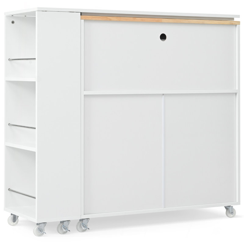 Rolling Kitchen Island With Extended Table, Kitchen Island On Wheels With LED Lights,Power Outlets And 2 Fluted Glass Doors, Kitchen Island With A Storage Compartment And Side 3 Open Shelves