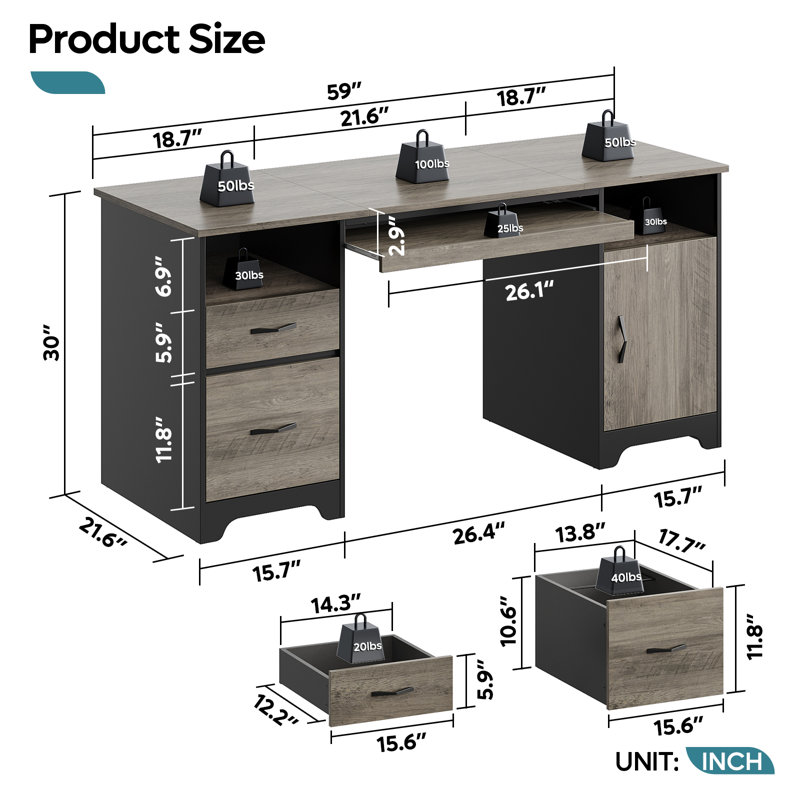 Daylie 59''  Executive Desk with File and Storage Drawers and Cabinet, Computer Writing Desk with Keyboard Tray and 2 Open Compartments for Home Office