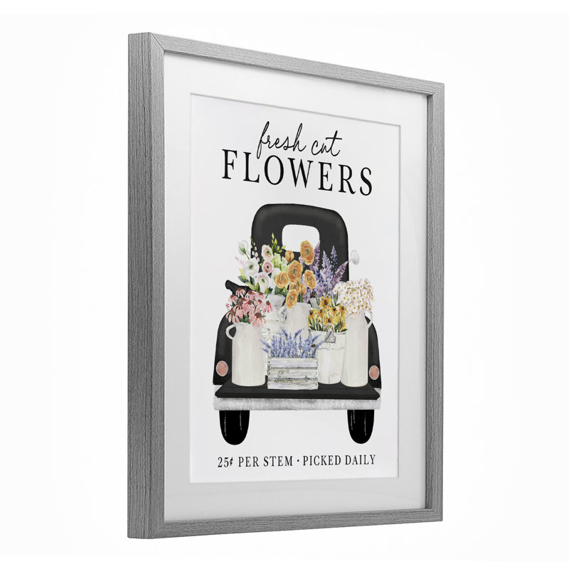 Fleurs fraîches cueillies, impression encadrée sous verre, par Lettré et doublé, H 21 po x l 17 po, Cadre de ferme gris