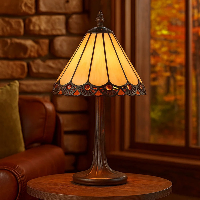 Kuni Tree Like Metal Body Tiffany Table Lamp With Conical Shade,Bronze And Beige