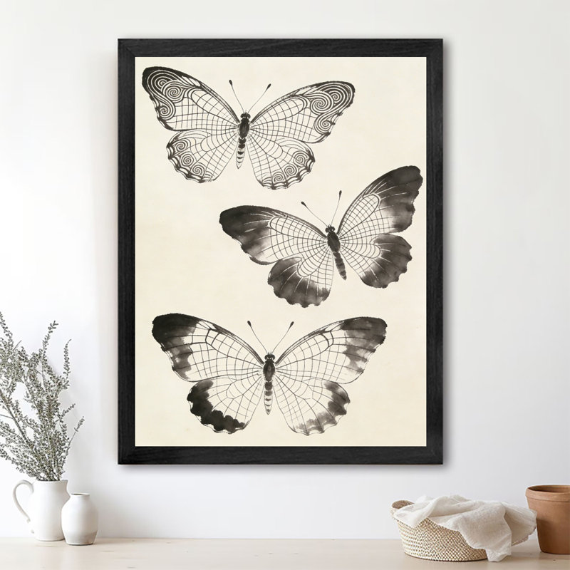 Art mural papillon noir, aquarelle encadrée de style rétro, H 25 po x l 17 po