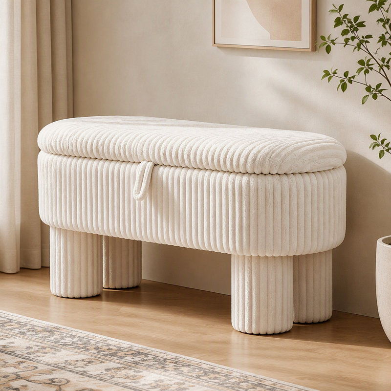 Pouf de rangement moderne en velours côtelé avec compartiment caché, Beige, Beige, Beige