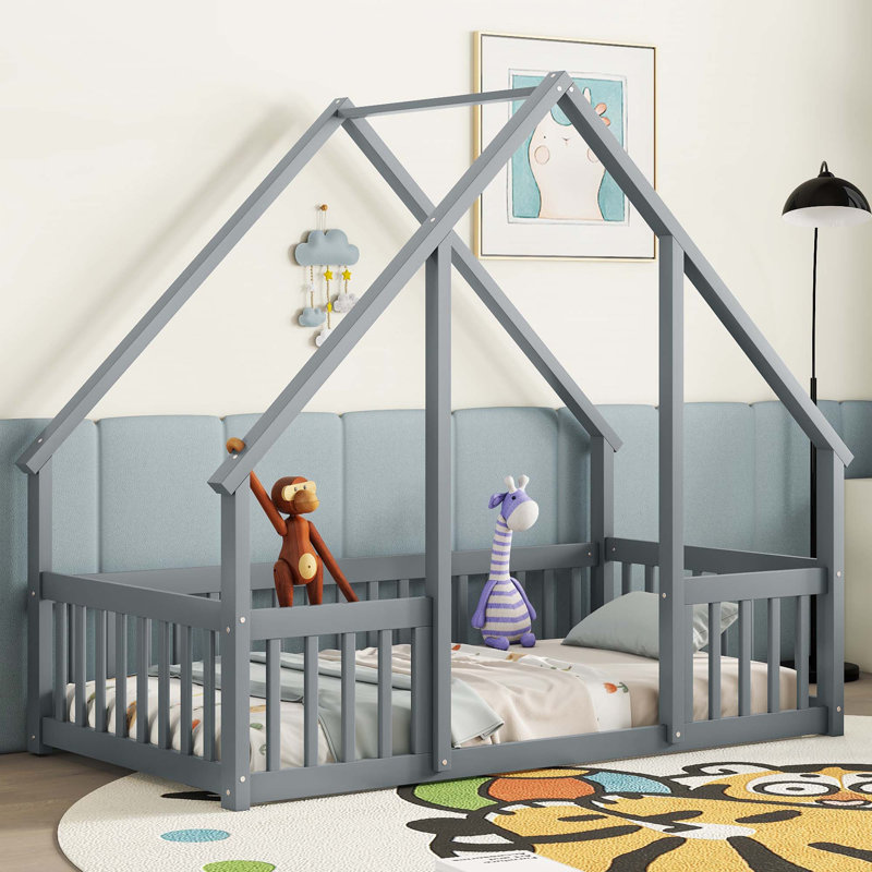 House-Shaped Floor Bed with Fence, Guardrails, Gray, Twin