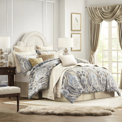 Literie pour lit très grand bleu / gris - taies décoratives à fermeture à glissière, édredon en satin antique au design luxueux