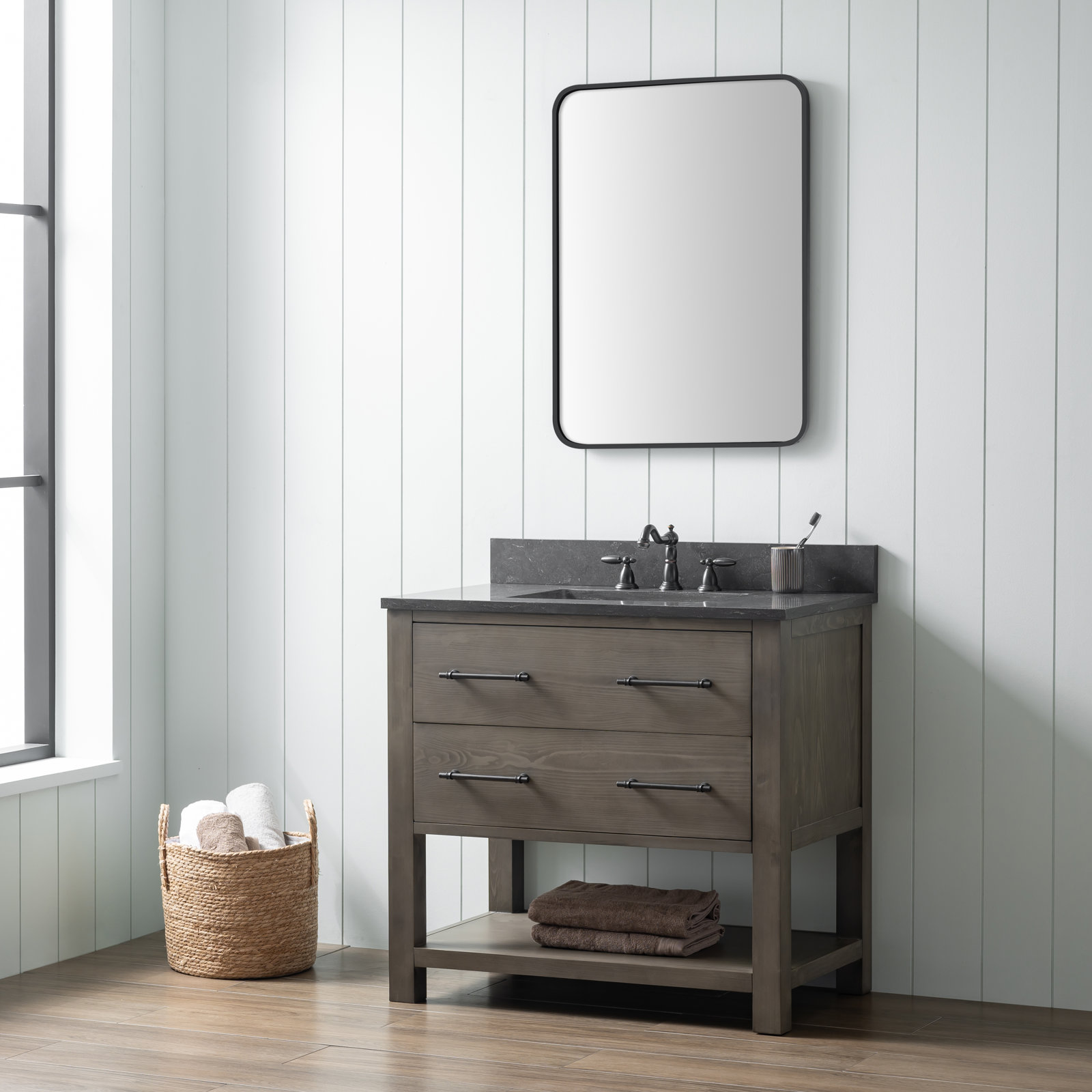36" Pine Single Bathroom Vanity, Smoke Gray/Matte Black