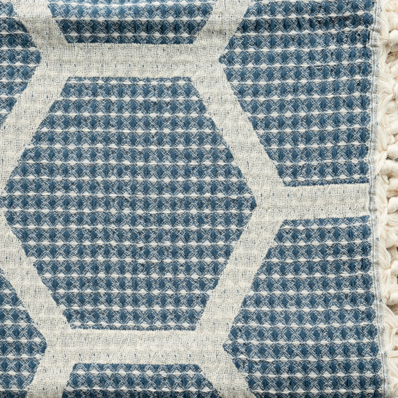 Jeté en coton tissé, Bleu / blanc cassé géométrique 