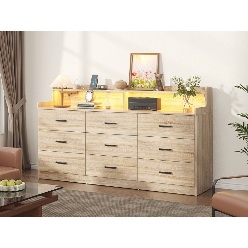 White 9 Drawer Dresser with Charging Station & Led Lights for Bedroom, 63" Large Deep Chest of Drawers,Wooden Dresser Storage Cabinet with 9 Drawers for Bedroom, Long  Dressers for Living Room, Hallway