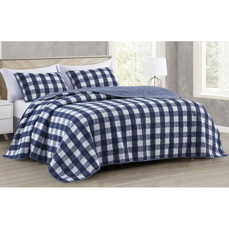 Pre-Washed Cotton Plaid Lightweight Reversible Quilt Set, King Quilt + 2 King Shams, Blue/White