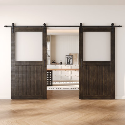 Homacer Ebony Double 30in x 80in Half Lite Glass Design Unassembled & Finished Barn Doors with Non-Bypass Installation Hardware Kit, 11ft track, interior use only