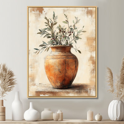 Olive, toile, art mural rétro - urne antique avec branches d'olivier, art mural antique