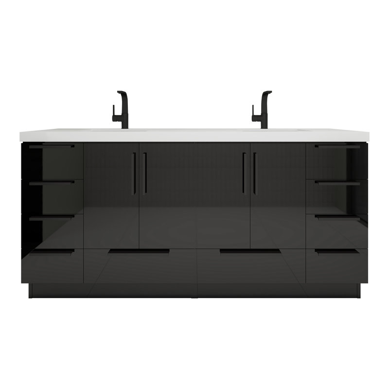 Carla Freestanding Bathroom Vanity with Double Sink, 71", Gloss Black