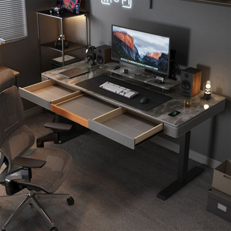 Bureau debout gris en pierre frittée avec tiroirs, H 47,24 po x l 62,99 po x P 27,56 po