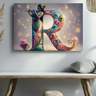 Canvas A Vibrant Intricately Designed Letter R Stands As The Centerpiece Wall Art Showcasing Swirling Patterns In Soft Pastel Hues Of Canvas Wall Art