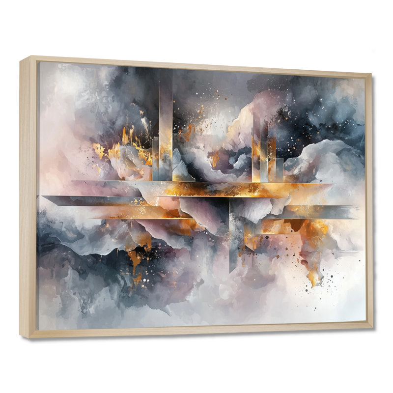 «Geometric Ink Pulse IV - Constructivism», art mural, H 34 po x l 44 po, Cadre flottant, Crème, crème