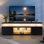 Meuble télé noir, meuble télé à DEL pour le salon, centre de divertissement avec rangement