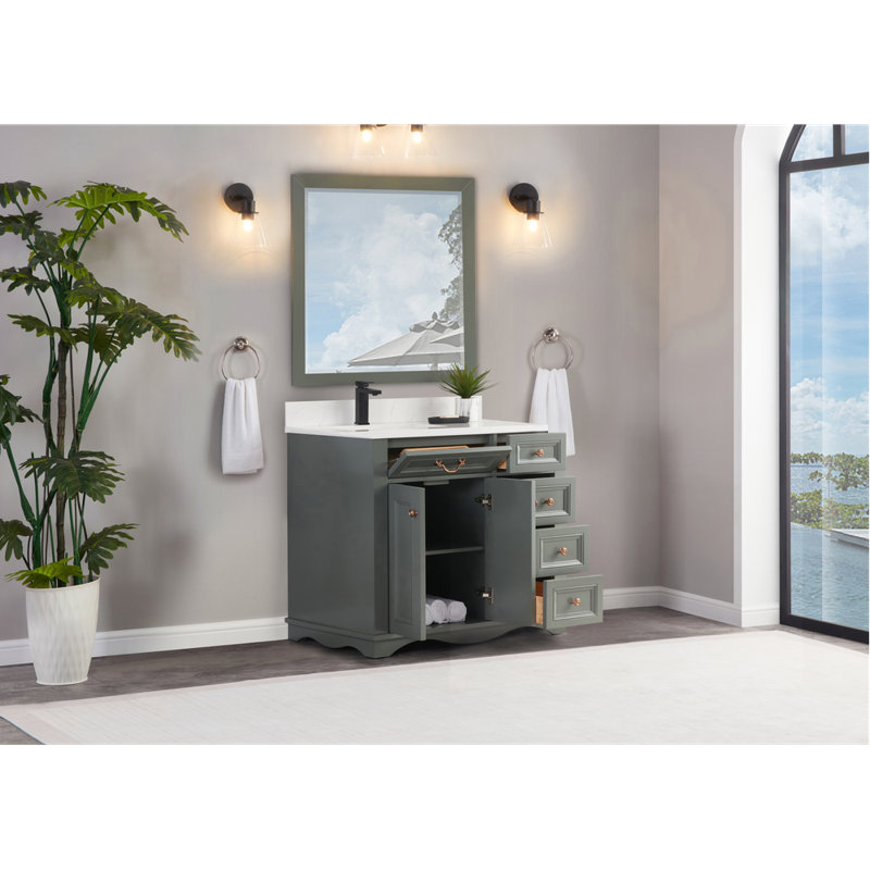36" Solid Wood Sink Vanity  With 1' Artificial Stone Top, Pewter Green