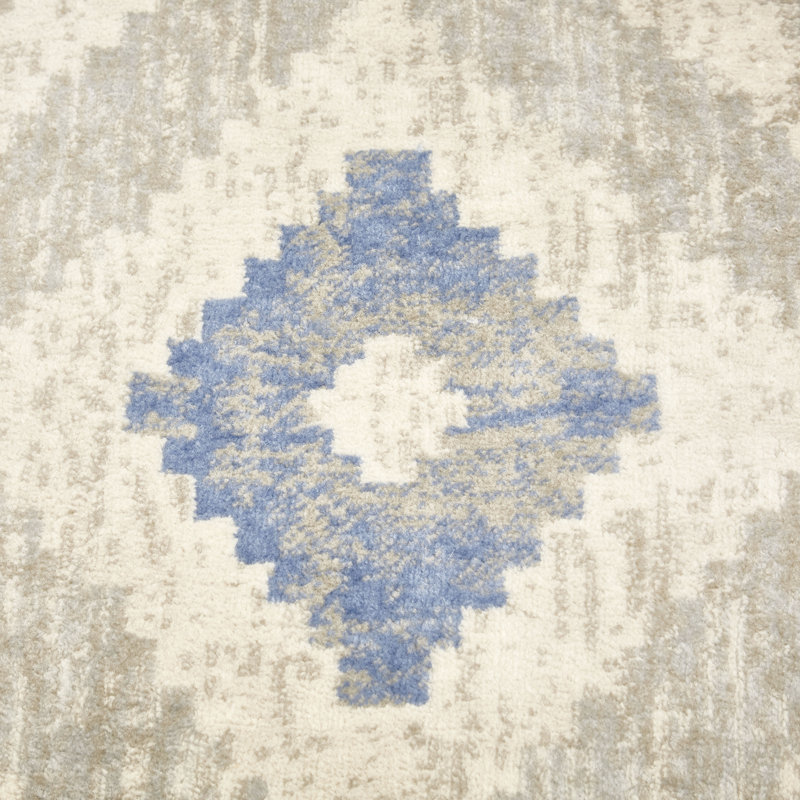 Tapis géométrique ivoire / bleu, Rectangle 5 pi 2 po x 7 pi 2 po
