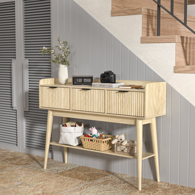 Fluted Console Table With 3 Drawers And Open Storage Shelf, Console Sofa Table For Living Room